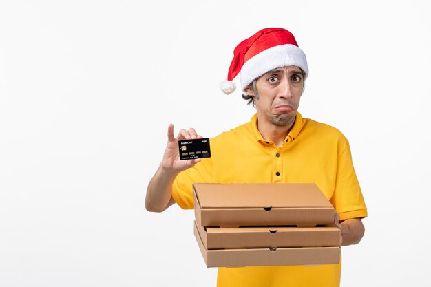 Close up portrait of male courier wearing Santa hat isolated