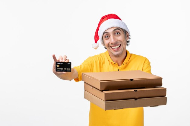 Close up portrait of male courier wearing Santa hat isolated