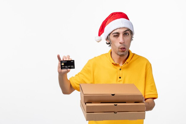 Close up portrait of male courier wearing Santa hat isolated