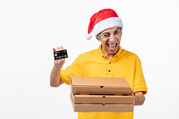 Close up portrait of male courier wearing Santa hat isolated