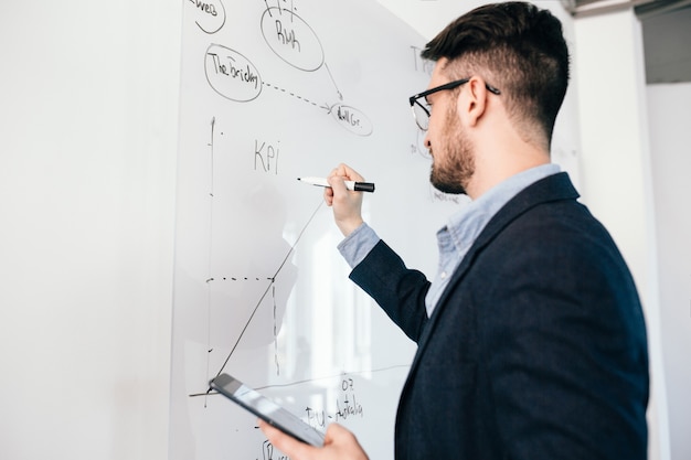 Close-up portrait of oung dark-haired man in glasses with laptop  writing a business plan on whiteboard. He wears blue shirt and dark jacket. View from side.