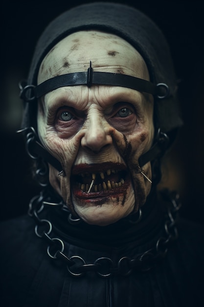 Close up portrait of scary nun with facial trap