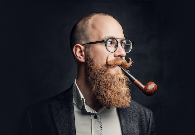 Close up portrait of shaved head aristocratic male in eyeglasses smoking pipe over grey background.