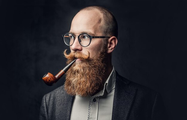 Close up portrait of shaved head aristocratic male in eyeglasses smoking pipe over grey background.