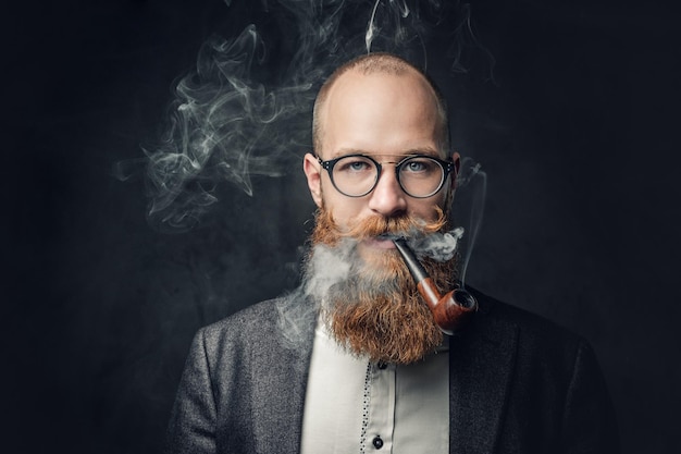 Close up portrait of shaved head aristocratic male in eyeglasses smoking pipe over grey background.