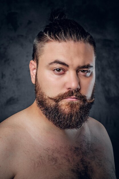 Close up portrait of shirtless beard male on grey background.