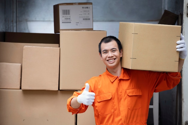 Close up portrait of smiling delivery man showing ok sign