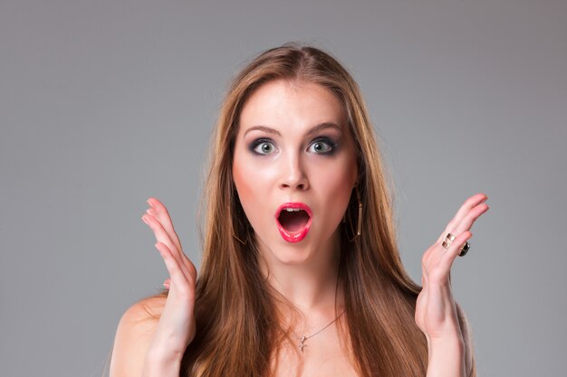 Close-up portrait of surprised beautiful woman holding her head in amazement and open-mouthed.