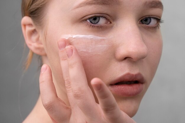 Close up portrait of woman with hydrated skin