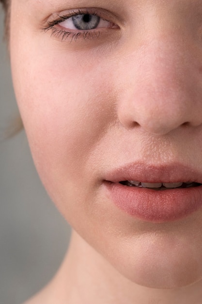 Close up portrait of woman with hydrated skin