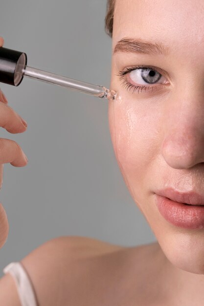 Close up portrait of woman with hydrated skin