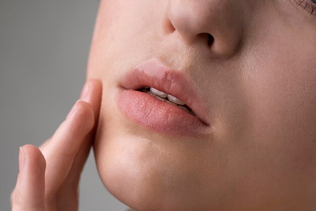 Close up portrait of woman with hydrated skin