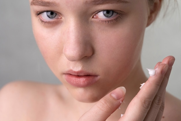 Close up portrait of woman with hydrated skin