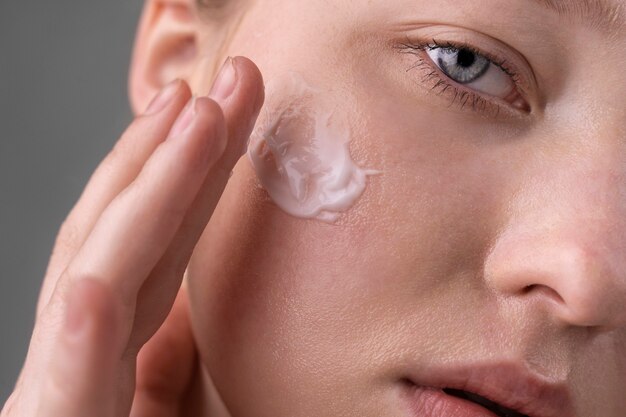 Close up portrait of woman with hydrated skin