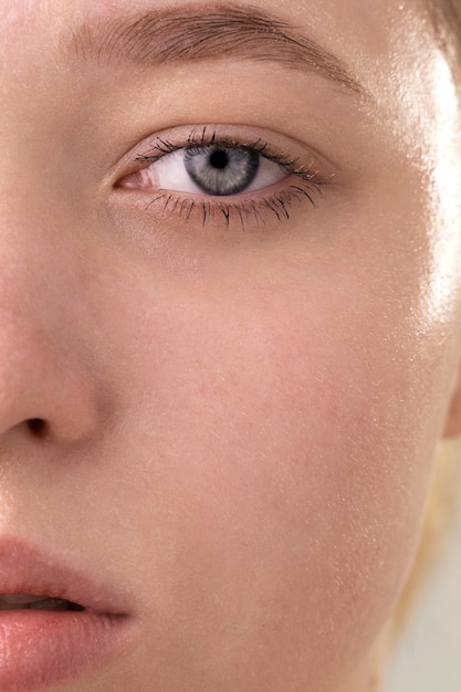 Close up on portrait of woman with hydrated skin