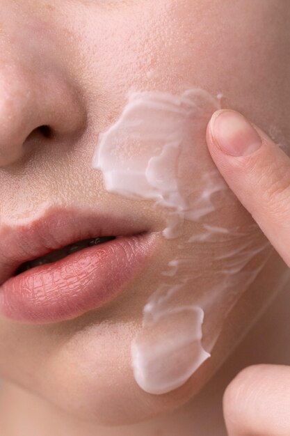 Close up on portrait of woman with hydrated skin