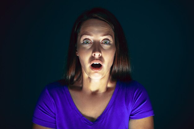 Close up portrait of young crazy scared and shocked woman isolated on black