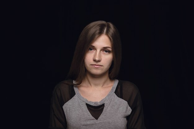 Close up portrait of young woman isolated. female model. Mourning, mental suffering. Facial expression, human nature and emotions concept.