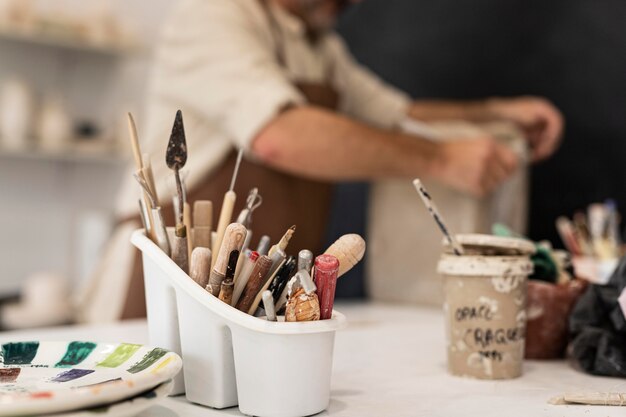 Close up pottery tools arrangement