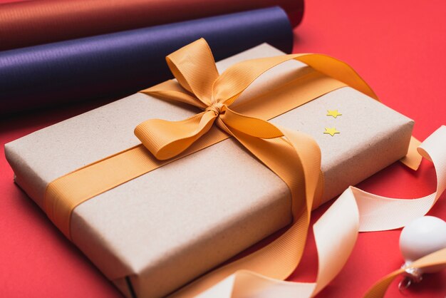 Close-up of present wrapped with ribbon