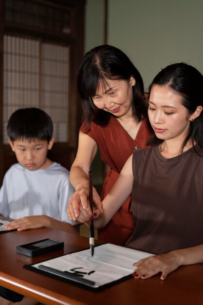 Close up on pupils doing japanese calligraphy, called shodo