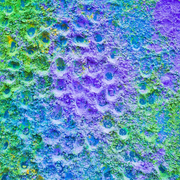 Close-up of purple and green holi color powder backdrop