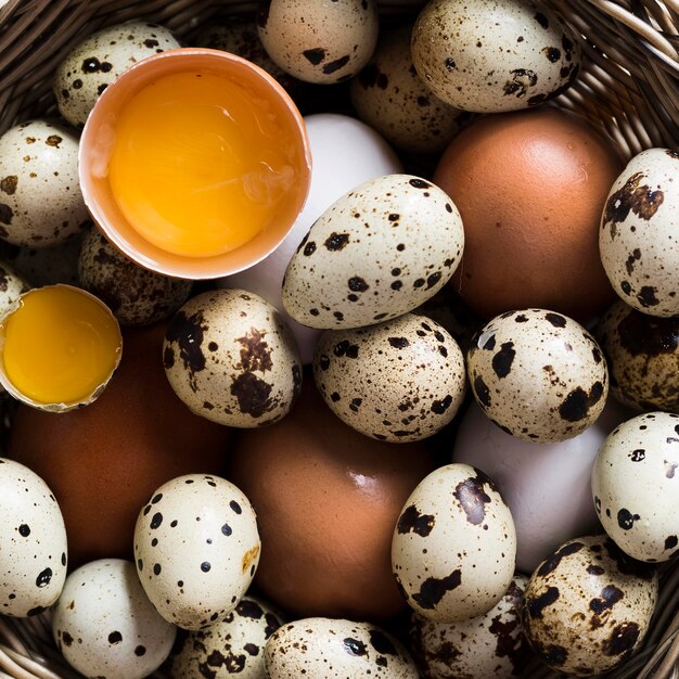 Крупный план перепелиных и куриных яиц