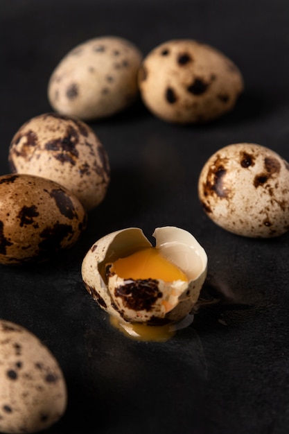 Close-up  quail eggs with cracked shell