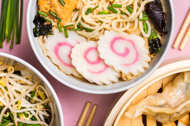 Close-up ramen noodles soups in bowls