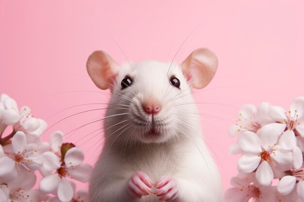 Close up on rat with pink flower