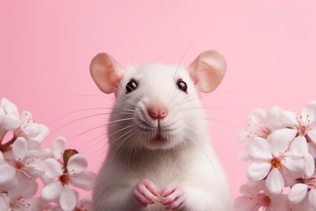 Close up on rat with pink flower