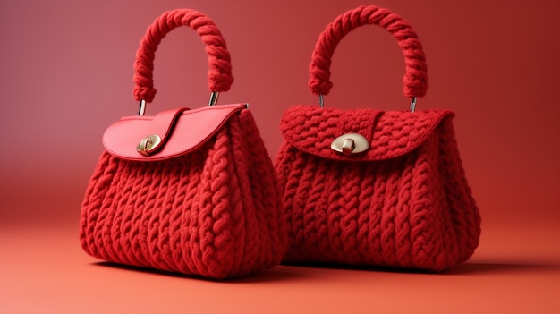 Close up on red knitted bags still life