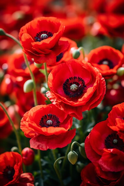 Close up on red poppies
