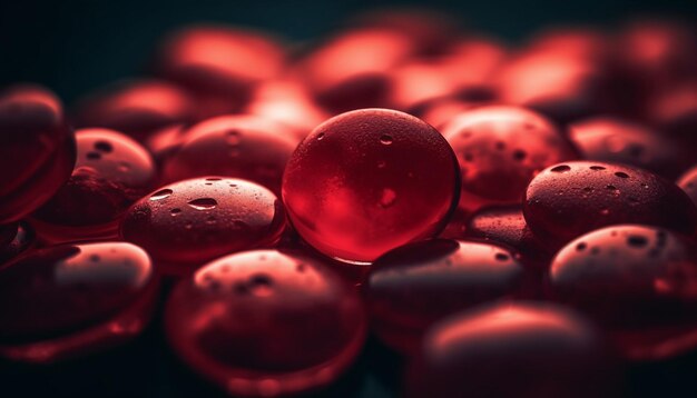 A close up of red water drops on a table