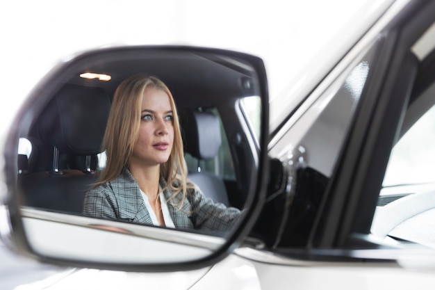 Close-up reflection of a woman in mirror 