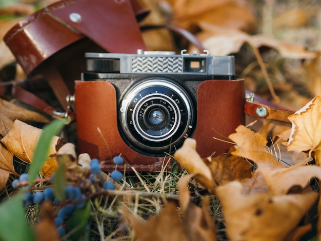 Close-up of a retro photo camera on ground