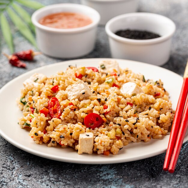 Close-up rice with vegetables soy sauce and chopsticks