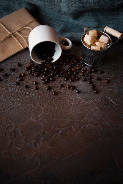 Close-up roasted coffee beans in a cup