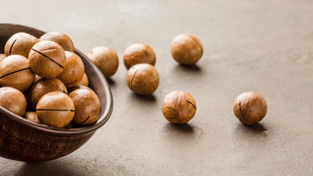 Close-up roasted hazelnuts in a bowl
