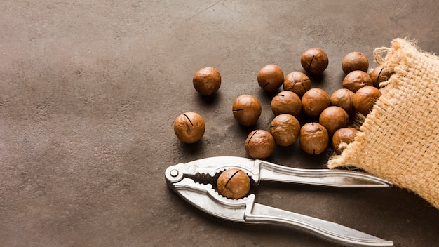 Close-up roasted hazelnuts with bag