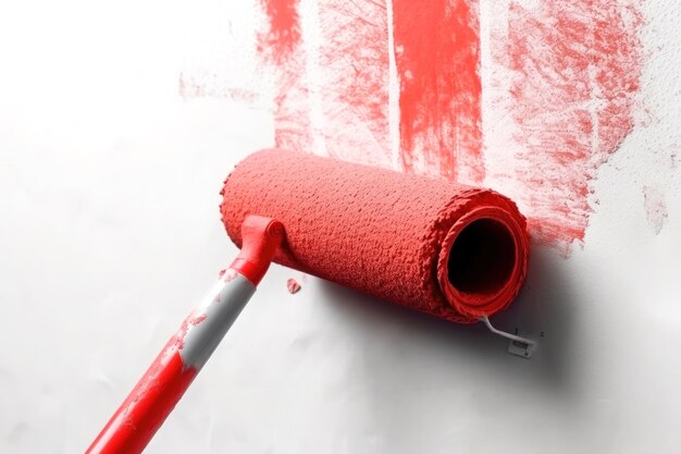 Close up of Roller painting a white wall with red paint Ai generative