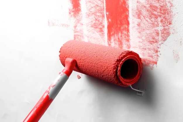 빨간색 페인트 Ai 생성으로 흰색 벽을 페인팅하는 롤러 닫습니다.