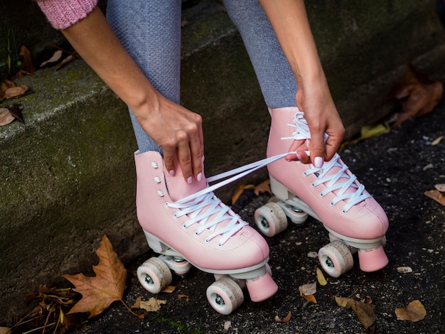 Close-up of roller skates and shoelaces