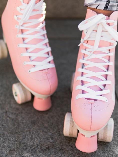 Close-up of roller skates with shoelaces