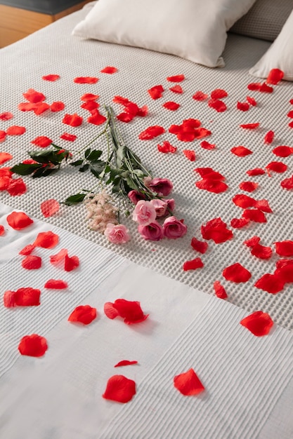 close up on romantic breakfast in bed arrangement
