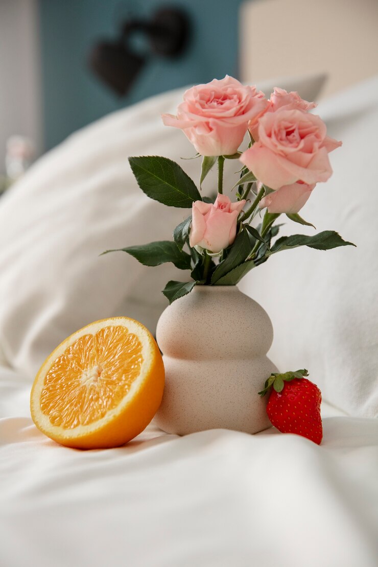 Free Photo close up on romantic breakfast in bed arrangement