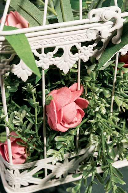 Free photo close up roses in white cage