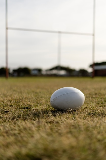 Close up on rugby ball on the field
