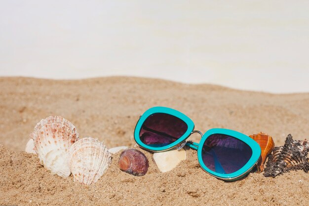 선글라스와 조개와 모래의 클로즈업