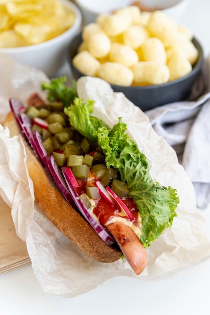 Free photo close-up sandwich with snacks